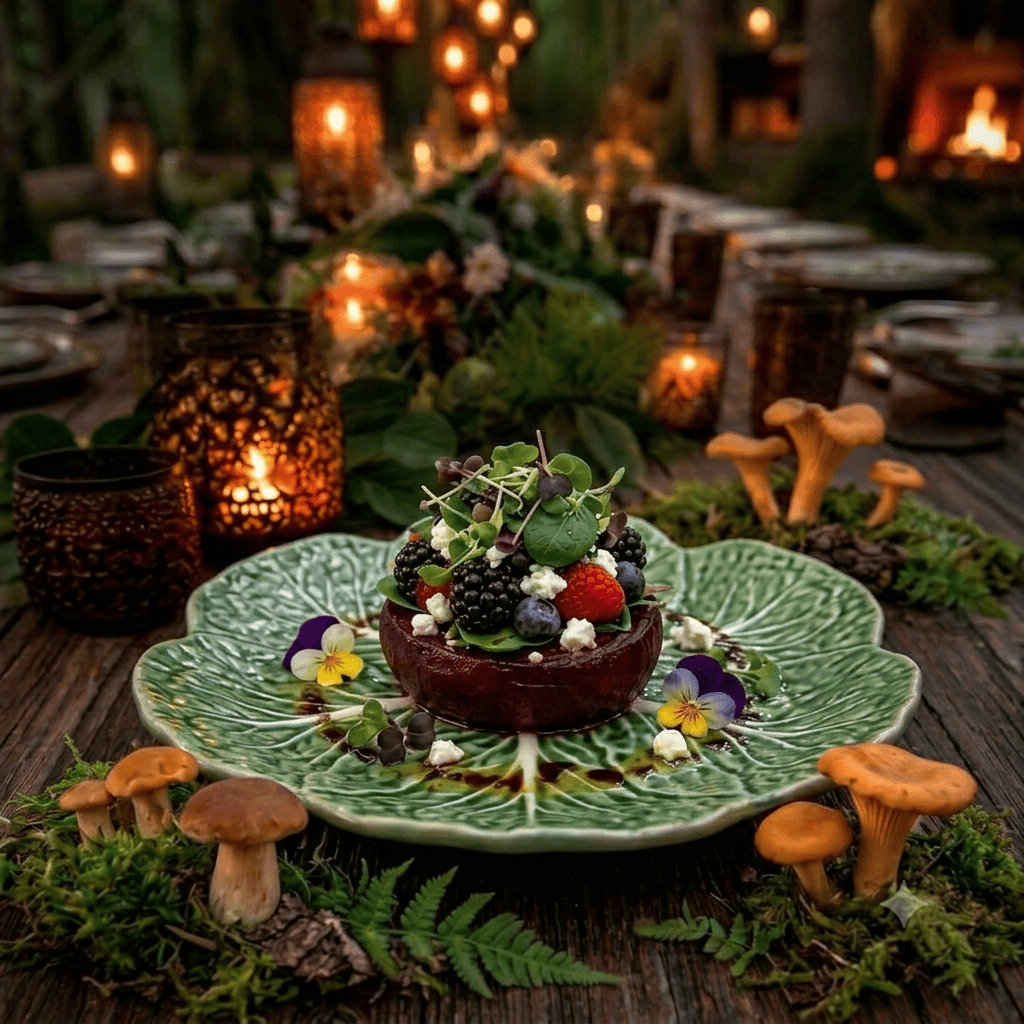 Balsamic-glazed roasted beetroot rounds layered with vibrant greens, wild berries, and rich, crumbled feta.
